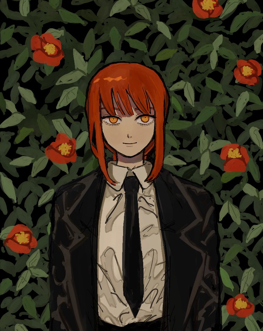 1girl, black_coat, black_necktie, black_pants, bush, chainsaw_man, coat, collared_shirt