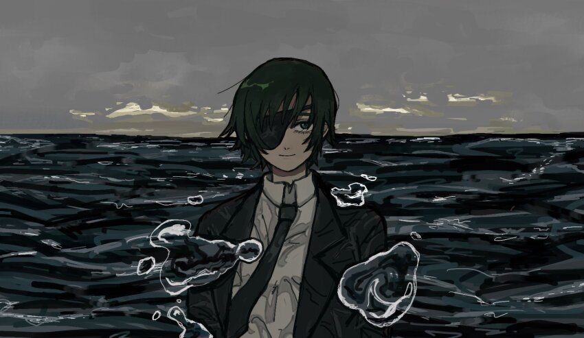 1girl, beach, black_hair, black_jacket, black_necktie, bubble, chainsaw_man, collared_shirt