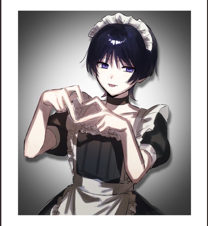 1boy, apron, black_choker, blue_hair, border, choker, crossdressing, crossdressing_(mtf), dark_blue_hair, facing_viewer, genshin_impact, grey_background, heart, heart_hands, looking_to_the_side, maid, maid_apron, maid_headdress, male_focus, male_maid, nacl5844277, purple_eyes, scaramouche_(genshin_impact), short_hair, short_sleeves, solo, tongue, tongue_out, white_border