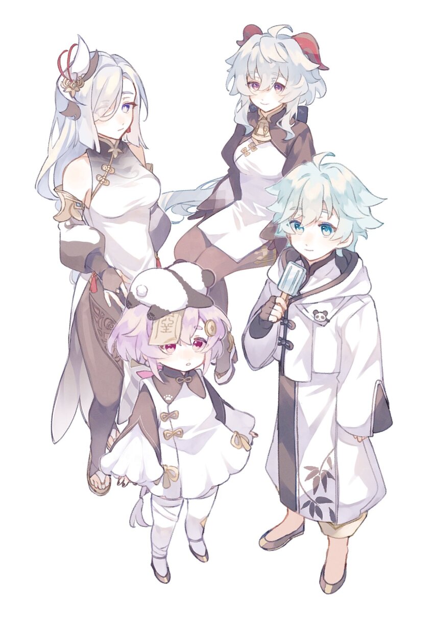 1boy, 3girls, blue_eyes, blue_hair, braid, chinese_clothes, chongyun_(genshin_impact), full_body