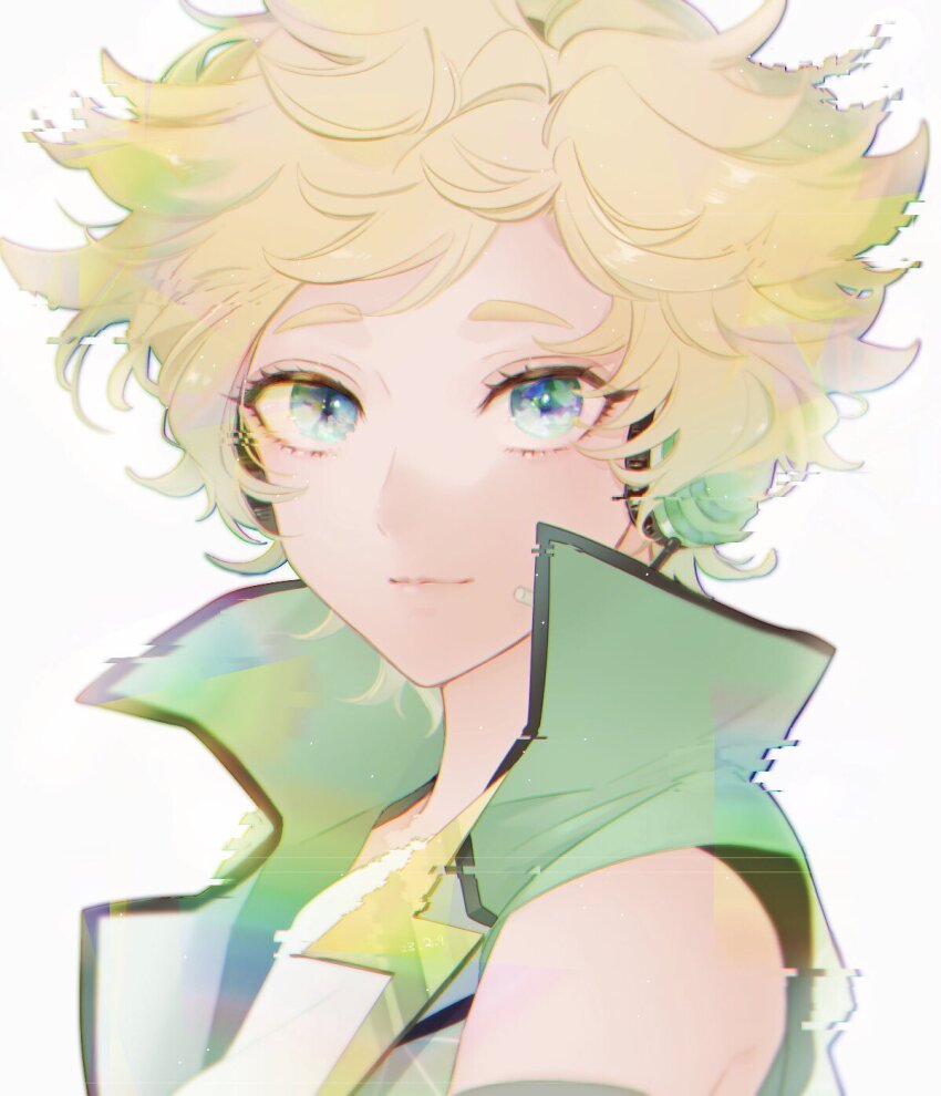 1boy, blonde_hair, blue_eyes, closed_mouth, ensemble_stars!, green_vest, harukawa_sora, headphones