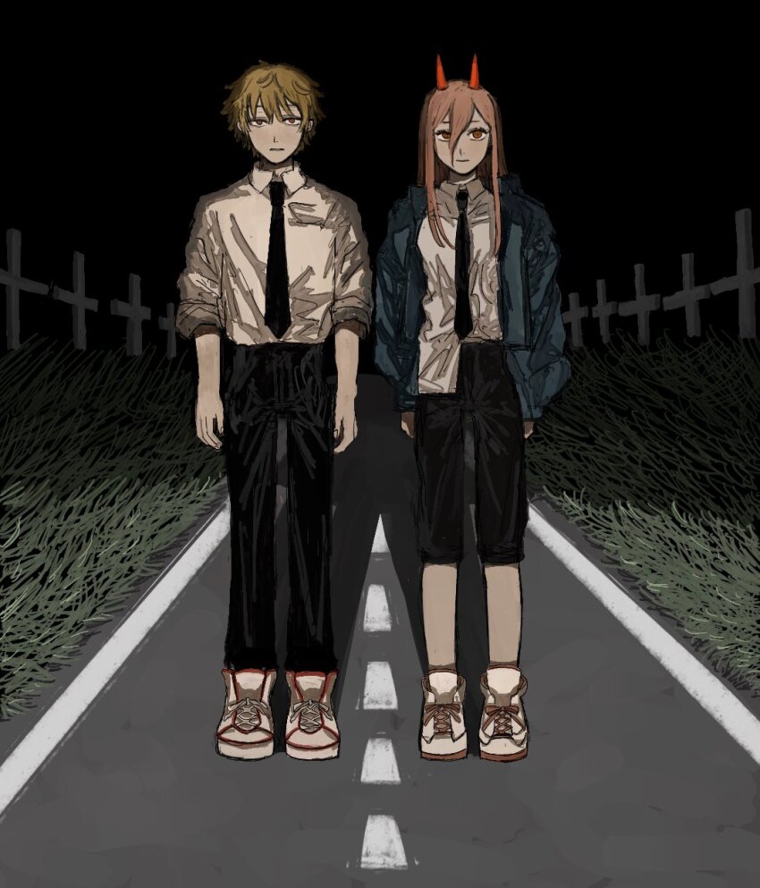 1boy, 1girl, black_necktie, black_pants, blonde_hair, blue_hoodie, brown_eyes, brown_hair, chainsaw_man, collared_shirt, dark, denji_(chainsaw_man), graveyard, hair_between_eyes, hhn_965, highres, hood, hoodie, long_hair, looking_at_viewer, necktie, pants, pants_rolled_up, power_(chainsaw_man), road, shirt, shirt_partially_tucked_in, shirt_tucked_in, short_hair, sleeves_rolled_up, tombstone, white_shirt
