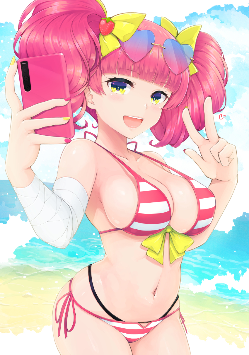1girl, absurdres, bandaged_arm, bandages, beach, bemani, bikini, blunt_bangs