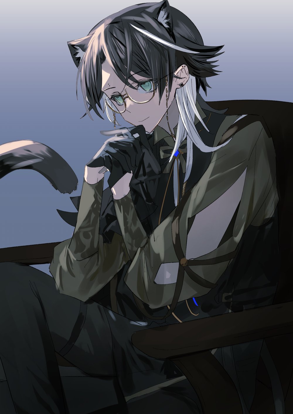 1boy, animal_ears, arknights, bishounen, black_gloves, black_hair, cat_boy, cat_ears