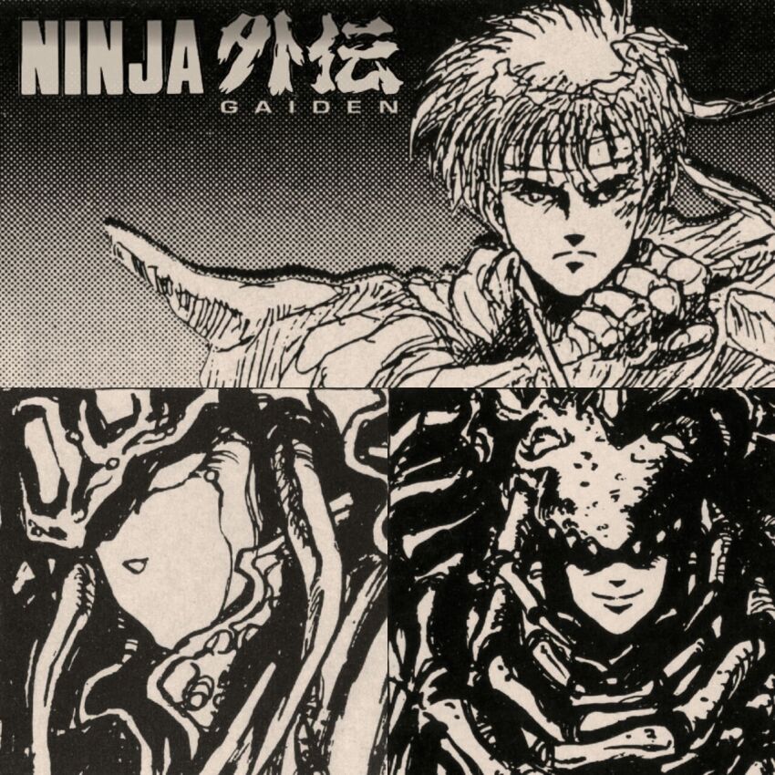 1990s_(style), 3boys, ashtar, copyright_name, greyscale, headband, highres, jaquio_(ninja_gaiden)