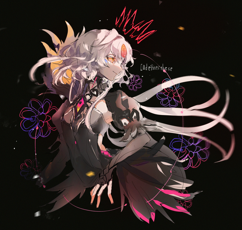 1girl, black_background, black_dress, black_feathers, character_name, code:_antithese_(elsword), dress, elsword