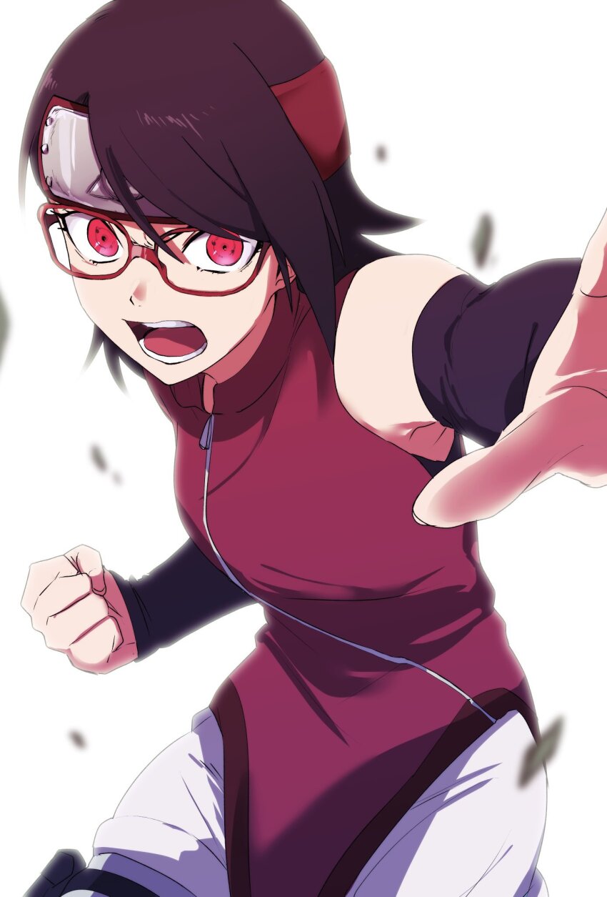 1girl, arm_warmers, black_hair, boruto:_naruto_next_generations, clenched_hand, commentary, forehead_protector, glasses