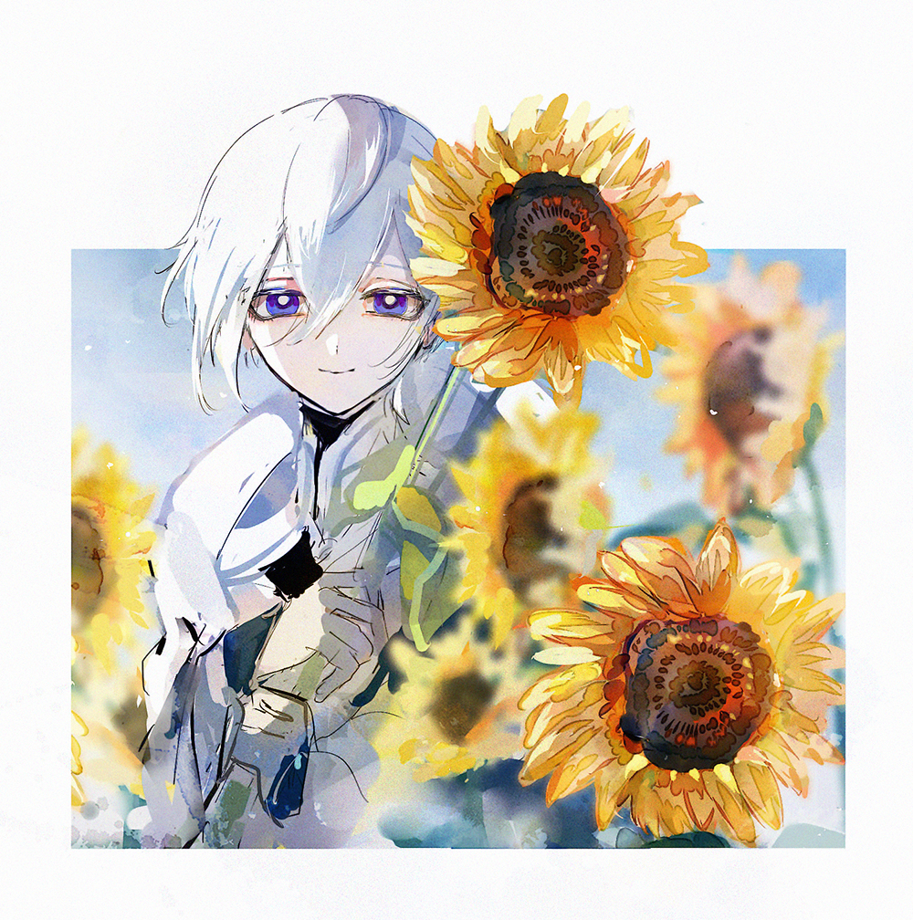 1boy, blue_background, blue_eyes, border, closed_mouth, elsword, flower, gloves