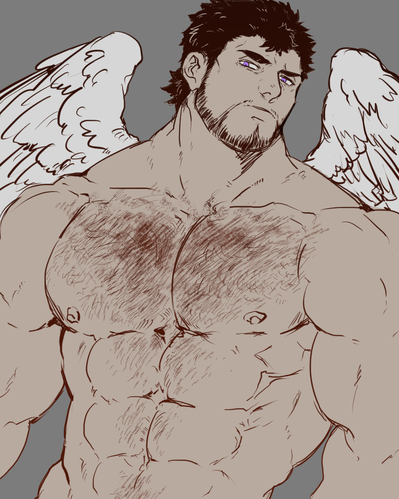 1boy, abs, asahi_(zabaniyan), bara, beard, black_hair, chest_hair, completely_nude