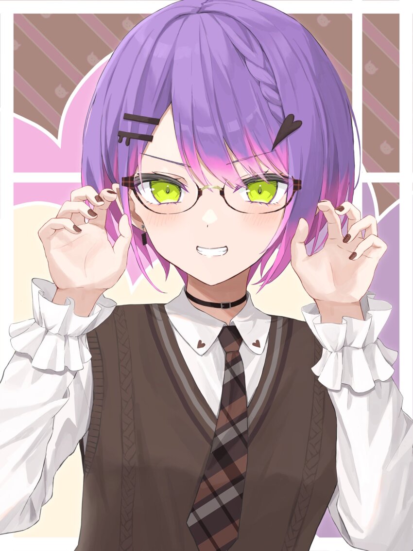 1girl, alternate_hairstyle, asymmetrical_sidelocks, black_choker, braid, braided_bangs, brown_sweater_vest, choker