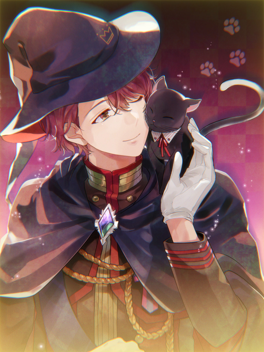 1boy, animal, animal_on_shoulder, black_cat, black_cloak, brown_eyes, brown_jacket, cat