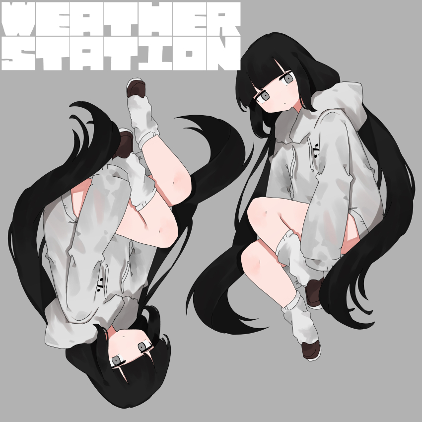 2girls, absurdres, album_cover, black_hair, blunt_bangs, brown_footwear, cover, expressionless, grey_background, grey_eyes, grey_hoodie, grey_socks, highres, hood, hood_down, hoodie, invisible_chair, long_hair, long_sleeves, looking_at_viewer, low_twintails, multiple_girls, nknkngrms, nukunuku_nigirimeshi, official_art, osage_(nukunuku_nigirimeshi), shoes, simple_background, sitting, sleeves_past_fingers, sleeves_past_wrists, socks, tube_socks, twintails, upside-down, very_long_hair, weather_station_(inabakumori)
