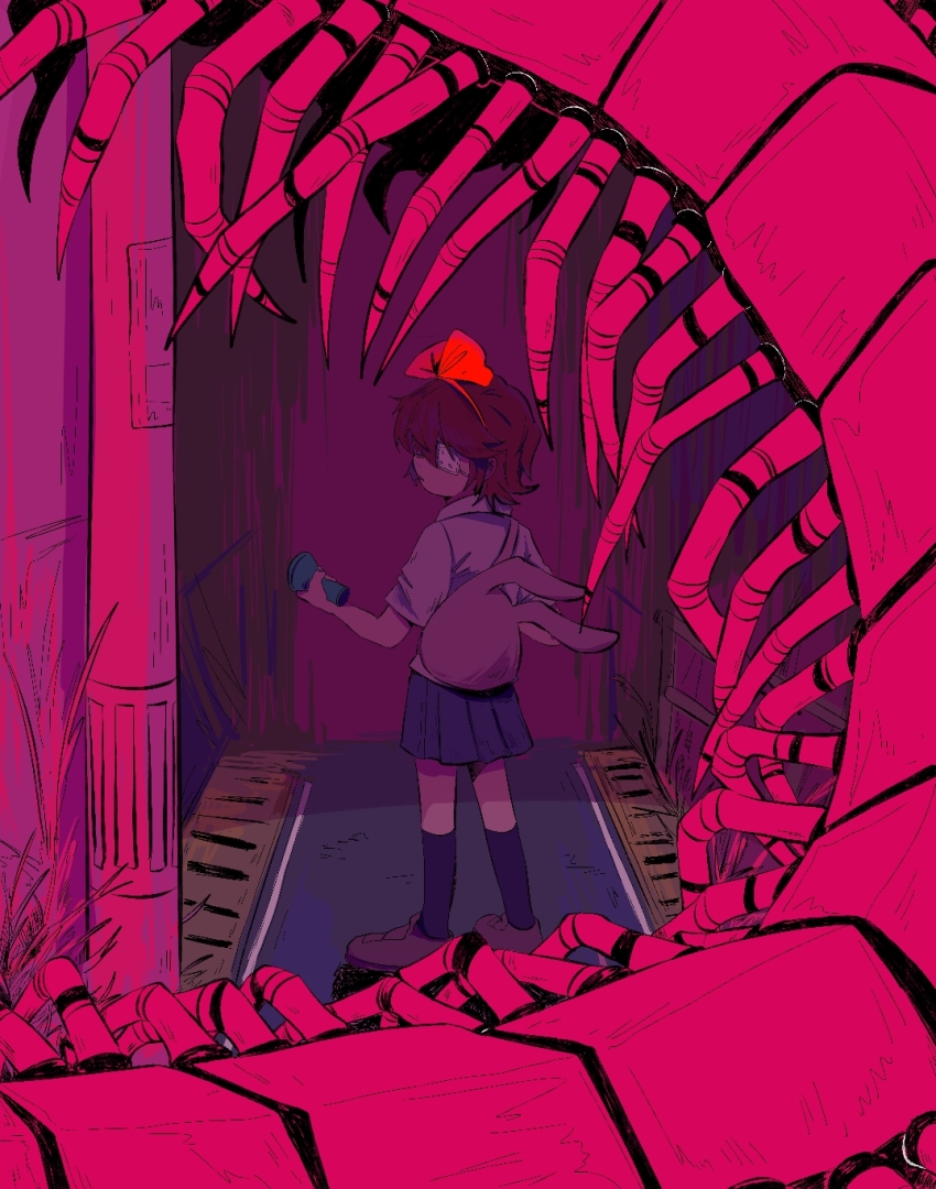 1girl, animal, animal_bag, black_socks, bow, brown_footwear, brown_hair, bug