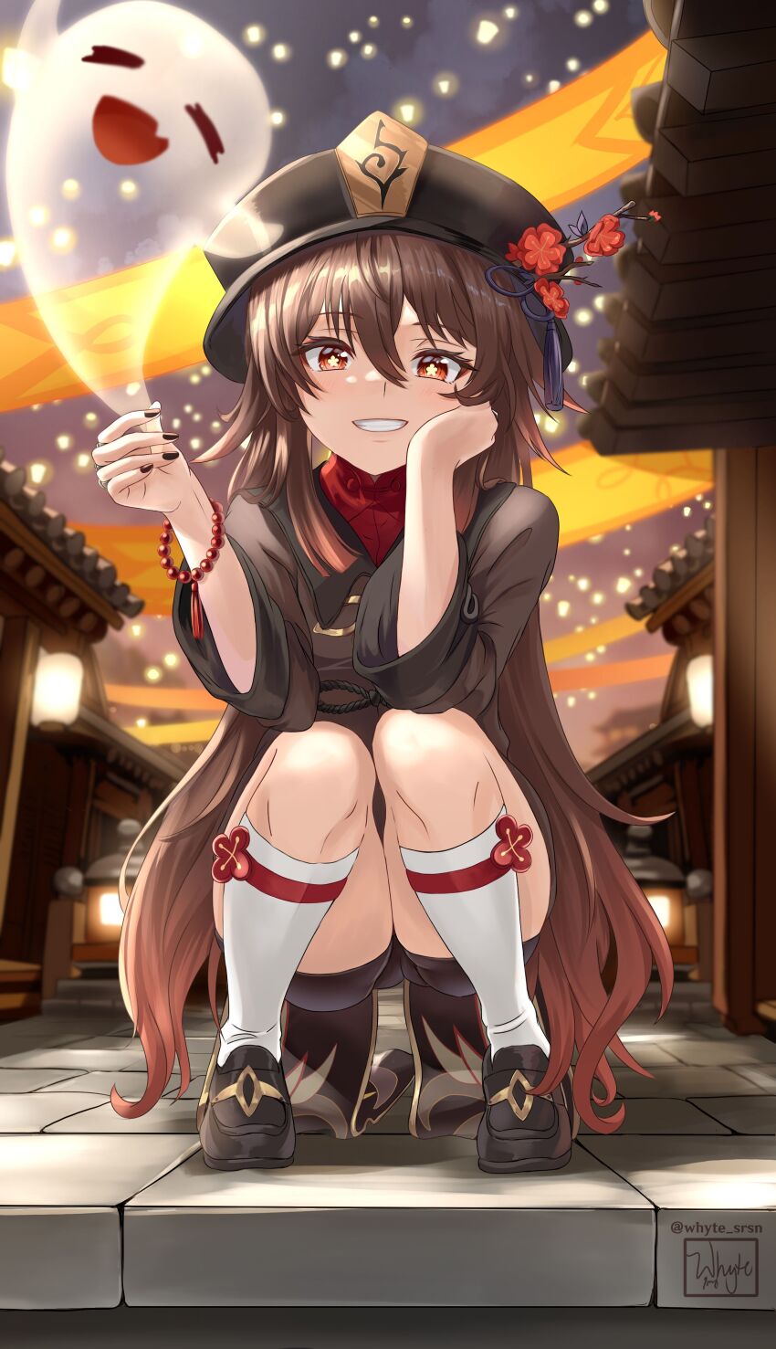1girl, absurdres, architecture, black_headwear, black_shoes, boo_tao_(genshin_impact), brown_eyes, brown_hair, brown_jacket, colored_tips, commentary, east_asian_architecture, english_commentary, genshin_impact, ghost, glowing, hand_on_own_cheek, hand_on_own_face, highres, holding, hu_tao_(genshin_impact), jacket, lantern, long_hair, looking_at_viewer, making-of_available, multicolored_hair, parted_lips, red_hair, shoes, smile, socks, solo, squatting, very_long_hair, white_socks, whyte_srsn