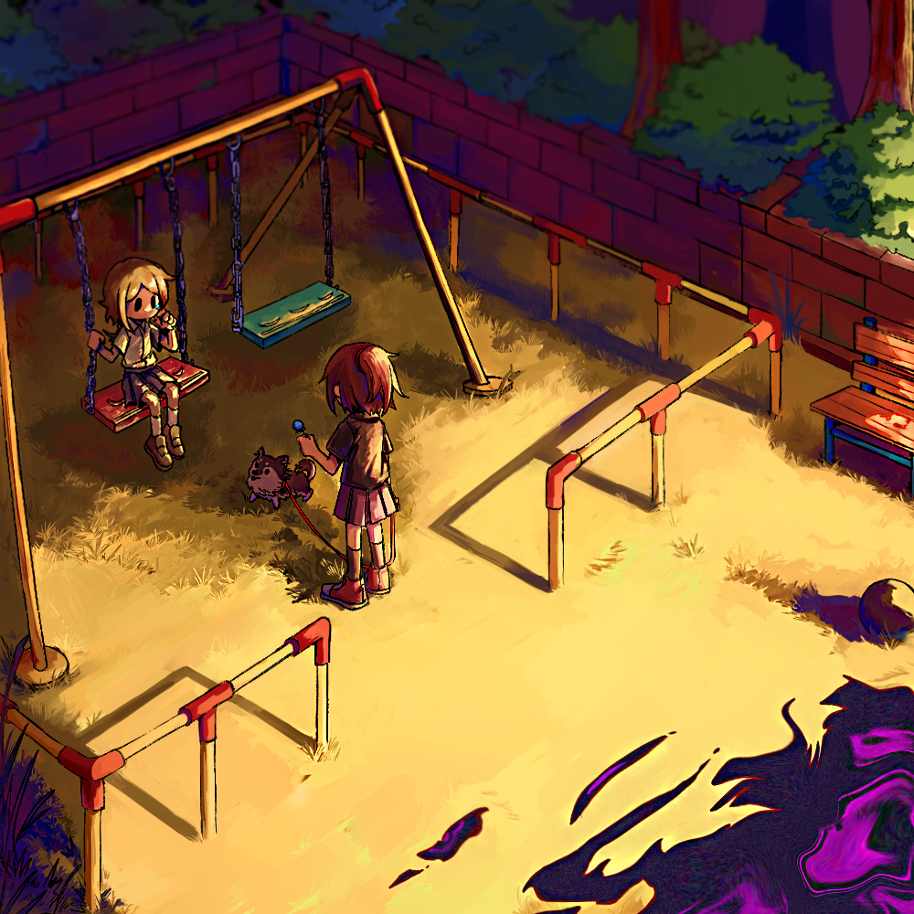 2girls, ball, black_shirt, black_socks, brick_wall, brown_footwear, brown_hair, candy