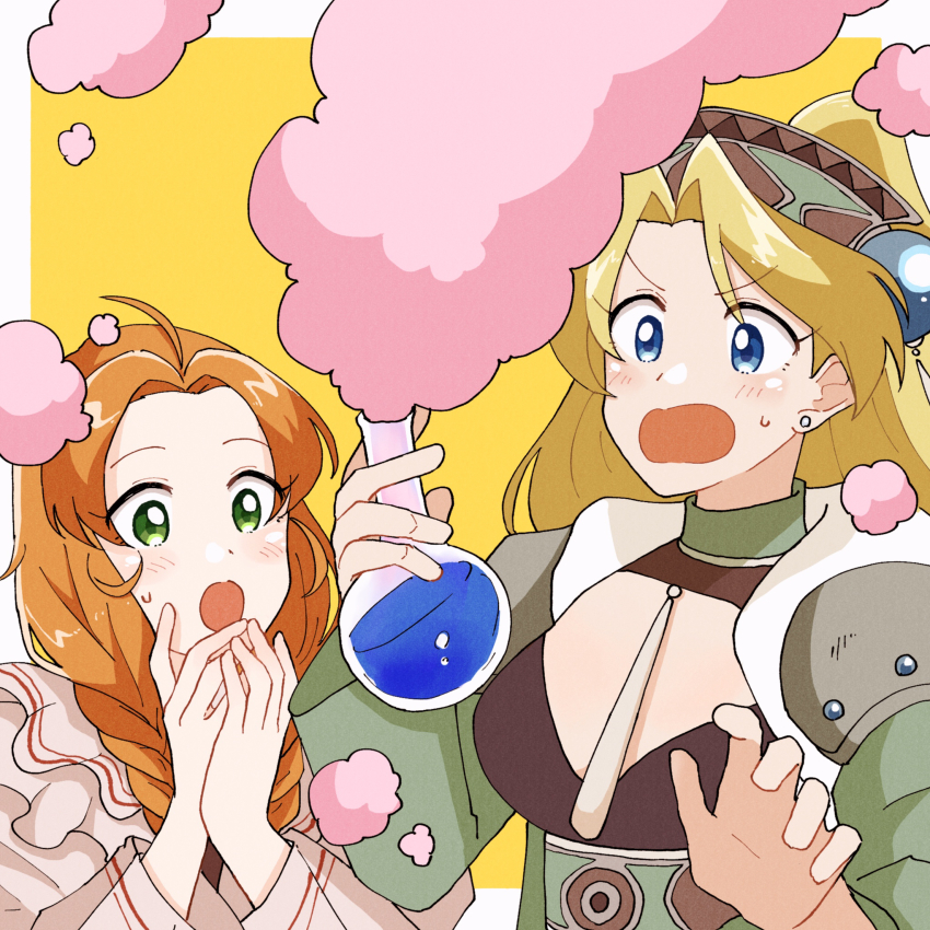 2girls, atelier_(series), atelier_marie, blonde_hair, blue_eyes, blush, braid, breasts