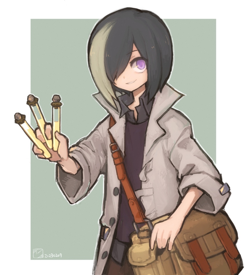 1other, bag, black_hair, black_shirt, dated, etrian_odyssey, grin, hair_over_one_eye