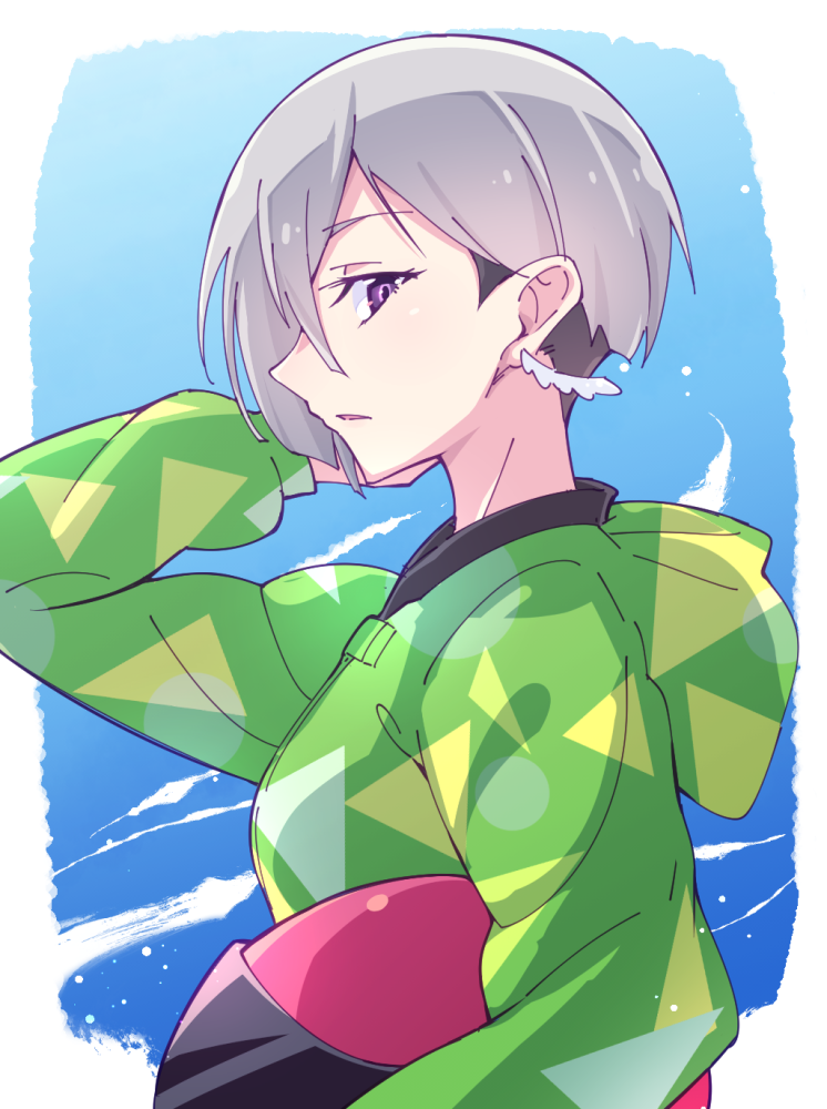 1girl, arm_behind_head, azumatsuru_misa, carrying, carrying_under_arm, e20, from_side, green_jacket