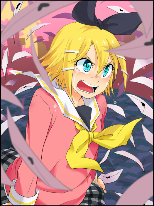 1girl, angry, aqua_eyes, blonde_hair, female_focus, hair_ornament, hair_ribbon, hairclip, kagamine_rin, letter, love_letter, p-puu, plaid, puu_(artist), ribbon, school_uniform, serafuku, short_hair, shuumatsu_ga_yattekuru!_(vocaloid), skirt, solo, tears, vocaloid