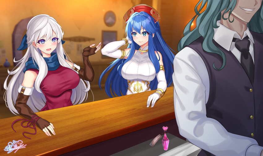 1boy, 2girls, :d, absurdres, alternate_breast_size, alternate_costume, alternate_eye_color, bar_(place), bar_stool, bare_shoulders, bartender, black_vest, blue_eyes, blue_hair, blue_scarf, blue_sky, breasts, bride, brown_gloves, collared_shirt, commission, counter, dress, elbow_gloves, evil_grin, evil_smile, feather_trim, fingerless_gloves, fire_emblem, fire_emblem:_radiant_dawn, fire_emblem:_the_binding_blade, fire_emblem:_the_sacred_stones, fire_emblem_heroes, gloves, gradient_eyes, grey_hair, grin, hair_ribbon, half_updo, highres, large_breasts, lilina_(bridal)_(fire_emblem), lilina_(fire_emblem), long_hair, long_sleeves, micaiah_(fire_emblem), multicolored_eyes, multiple_girls, necktie, nez-box, nintendo, open_mouth, red_headwear, ribbon, scarf, shirt, sky, sleeveless, sleeveless_dress, smile, stool, turtleneck, turtleneck_dress, valter_(fire_emblem), vest, wedding_dress, white_dress, white_gloves, white_shirt, yellow_eyes