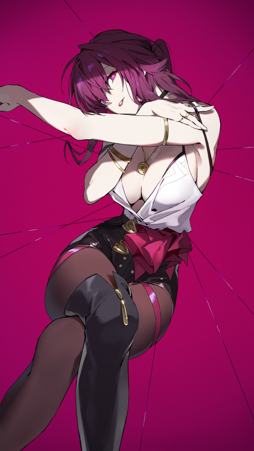 1girl, absurdres, adapted_costume, armlet, armpits, bare_shoulders, black_boots, black_choker, black_shorts, boots, bracelet, breasts, brown_pantyhose, choker, cleavage, crossed_legs, head_tilt, highres, honkai:_star_rail, honkai_(series), invisible_chair, jewelry, kafka_(honkai:_star_rail), large_breasts, long_hair, looking_at_viewer, multiple_rings, necklace, no_bra, pantyhose, parted_lips, purple_background, purple_eyes, purple_hair, red_ribbon, ribbon, ring, shirt, short_shorts, shorts, single_thigh_boot, sitting, sleeveless, sleeveless_shirt, solo, string, sylvia_(huajiuhuajiu), thigh_boots, thigh_strap, white_shirt
