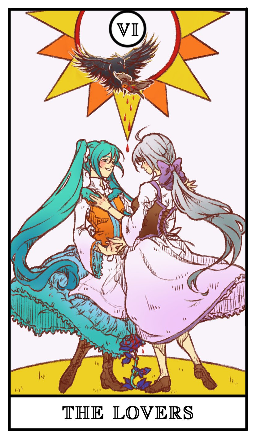2girls, ahoge, apron, aqua_dress, aqua_hair, bird, blood, blood_drop