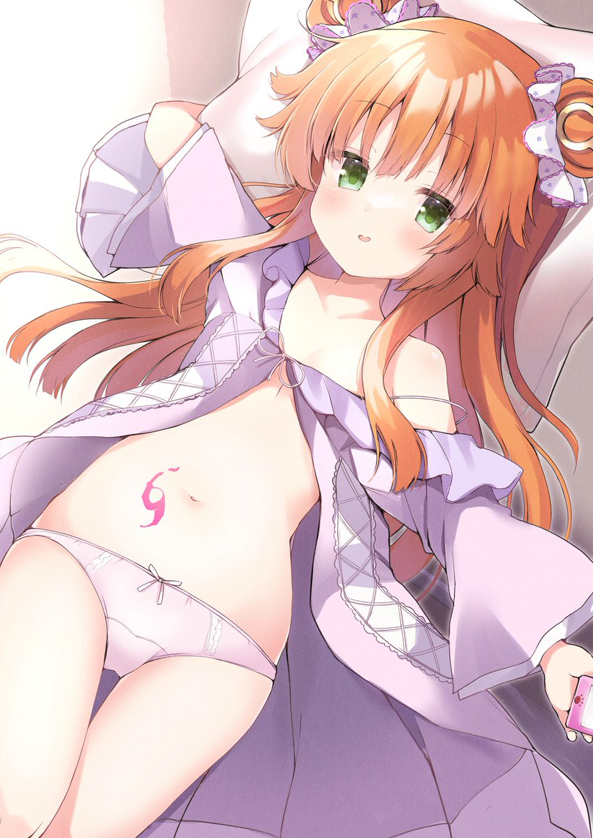 1girl, blunt_bangs, blush, bow, bow_panties, cellphone, colored_eyelashes, commentary, double_bun, dress, english_commentary, eyelashes, female_focus, flat_chest, frilled_dress, frills, green_eyes, hair_bun, hair_ornament, hair_scrunchie, head_on_pillow, highres, holding, holding_phone, kimagure_temptation, loli, long_hair, long_sleeves, looking_at_viewer, lying, midriff, navel, off_shoulder, on_back, open_clothes, open_dress, open_mouth, orange_hair, panties, phone, pillow, pillow_grab, pink_panties, purple_dress, rosy_(kimaten), scrunchie, sidelocks, smartphone, smile, solo, star_(symbol), star_print, stomach, stomach_tattoo, takepoison, tattoo, thigh_gap, thighs, underwear, white_scrunchie, wide_sleeves