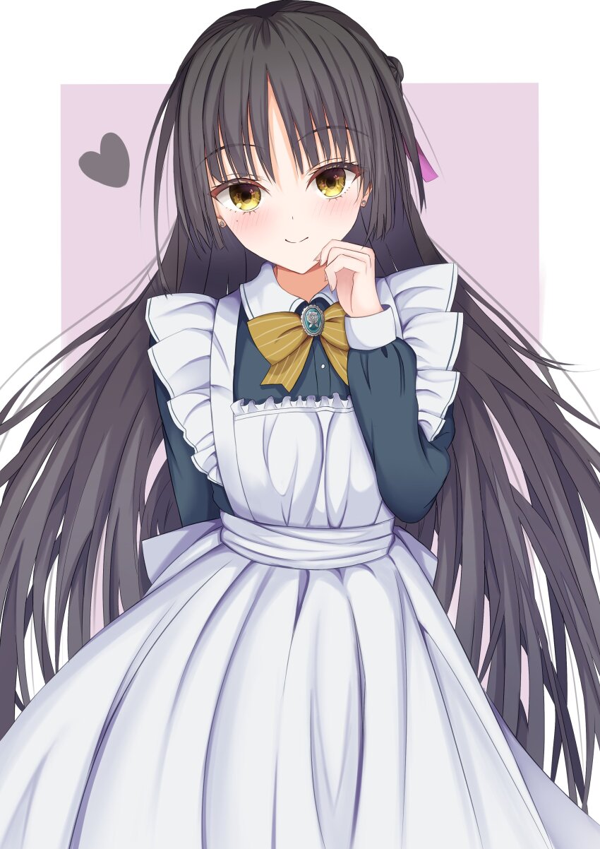 1girl, absurdres, apron, arm_behind_back, black_dress, black_hair, blush, bow, cafe_stella_to_shinigami_no_chou, closed_mouth, dress, earrings, eyelashes, fingernails, floral_print, frilled_apron, frills, gem, hair_ribbon, hand_up, head_tilt, heart, highres, jewelry, kiki0319i, long_hair, long_skirt, long_sleeves, looking_at_viewer, maid, maid_apron, mole, mole_under_eye, pink_ribbon, pinstripe_bow, ribbon, rose_print, shiki_natsume, sidelocks, simple_background, skirt, smile, solo, standing, stud_earrings, very_long_hair, white_background, yellow_bow, yellow_eyes, yuzusoft