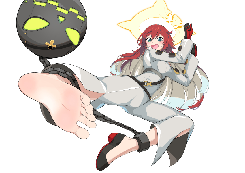1girl, absurdres, ball_and_chain_restraint, barefoot, feet, green_eyes, guilty_gear, highres