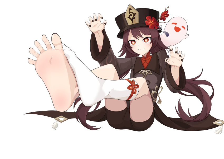 1girl, absurdres, barefoot, brown_eyes, brown_hair, feet, genshin_impact, hat, highres, hu_tao_(genshin_impact), ke_(justanegg), long_hair, single_sock, smile, socks, soles, symbol-shaped_pupils, toes, white_socks