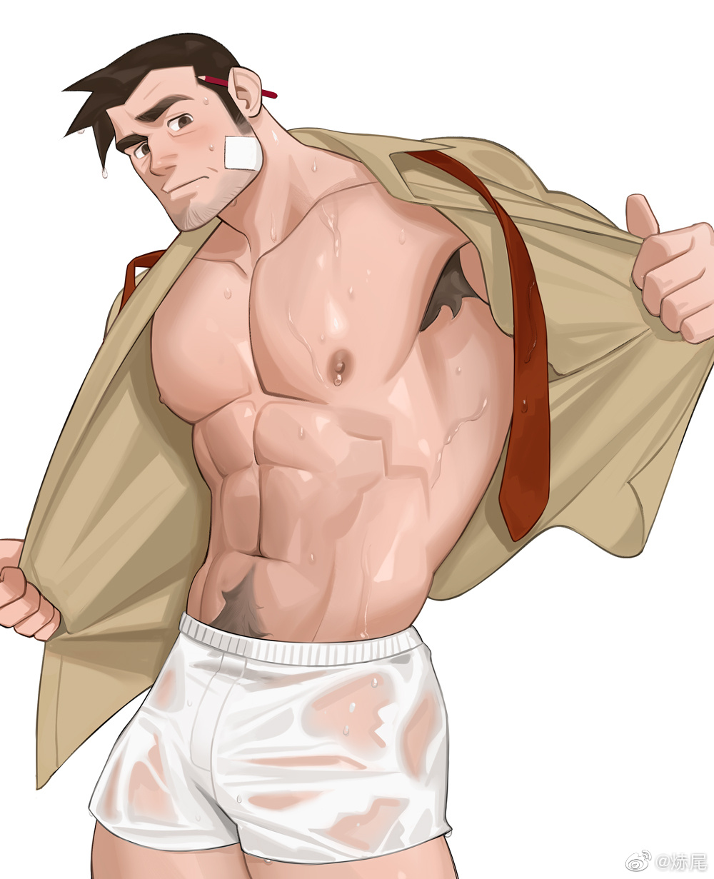 1boy, abs, ace_attorney, armpit_hair, armpits, bandaid, bandaid_on_cheek, bandaid_on_face
