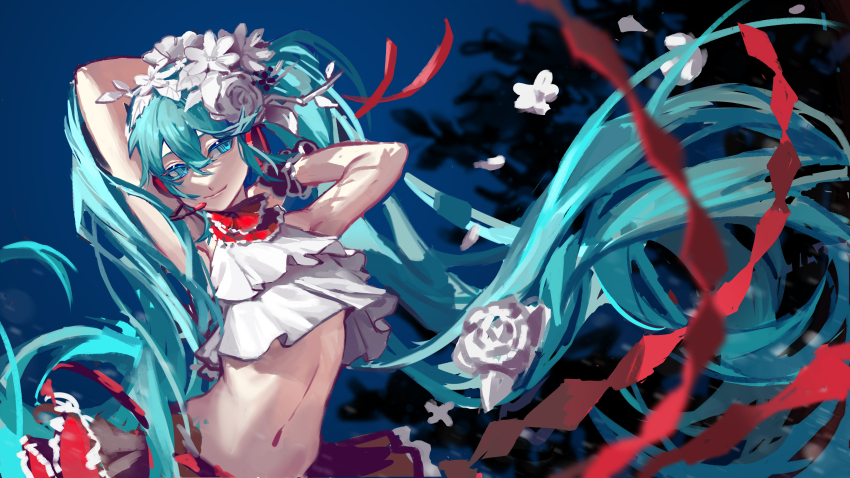 1girl, absurdly_long_hair, absurdres, arms_up, bare_arms, blue_background, blue_eyes, blue_hair
