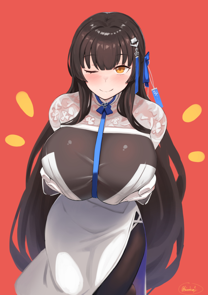 1girl, alternate_breast_size_(larger), black_bodysuit, black_hair, blue_ribbon, blush, bodysuit, breasts