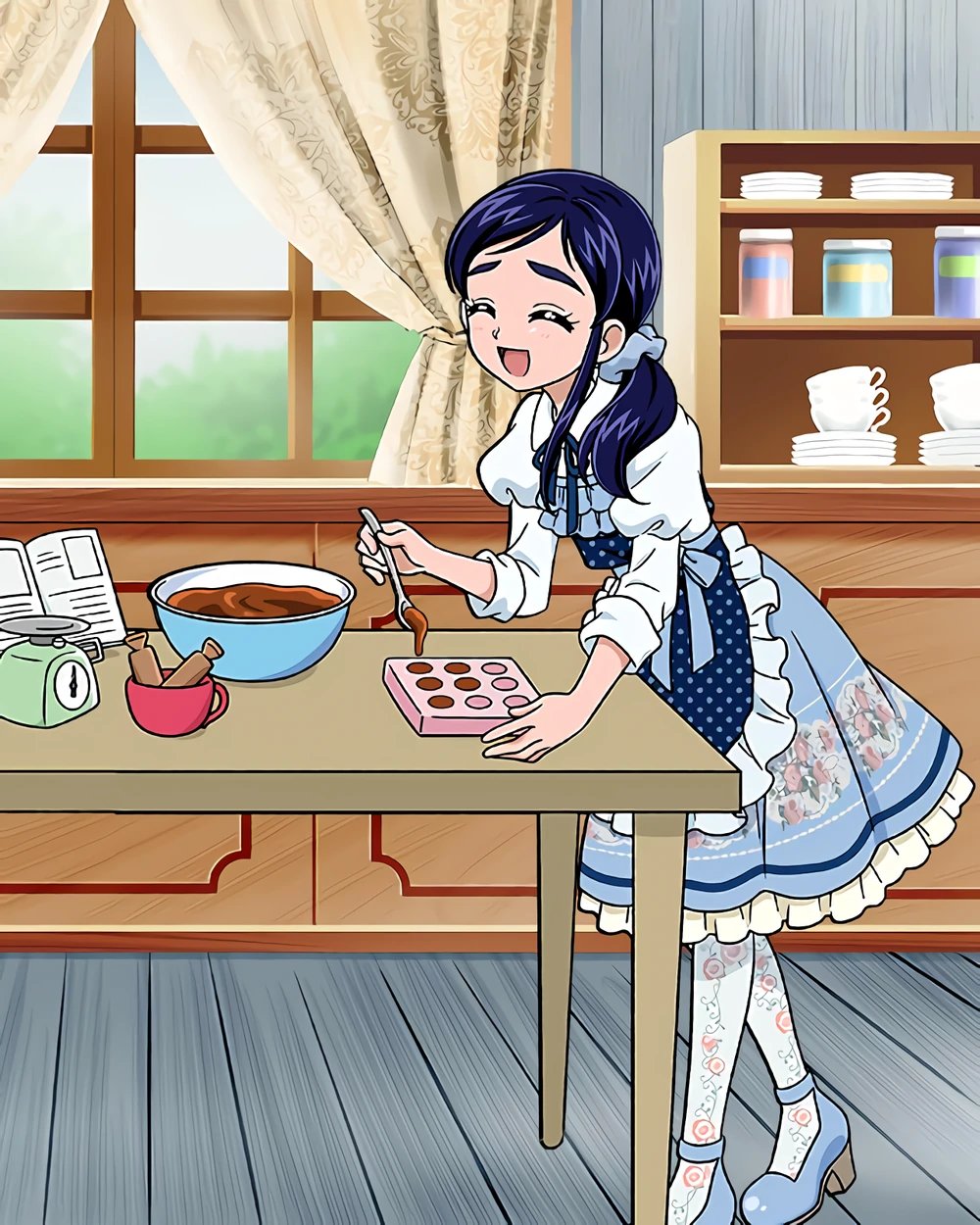1girl, apron, blue_footwear, blue_hair, chocolate, closed_eyes, cooking, dress