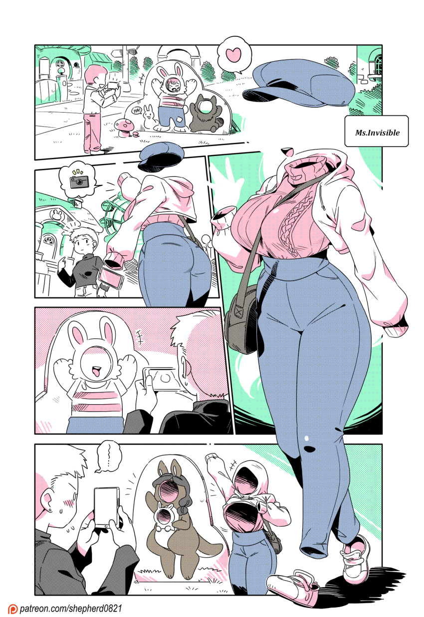 +++, 1boy, 2girls, alternate_language, amusement_park, ass, bag, between_breasts, blush, breasts, building, cellphone, character_name, clothes_lift, comic, commentary, earrings, english_text, ferris_wheel, flat_cap, flying_sweatdrops, gate, handbag, hat, heart, highres, holding, holding_phone, invisible, jacket, jewelry, large_breasts, lifting_own_clothes, limited_palette, ms._invisible_(modern_mogal), multiple_girls, mushroom_house, open_mouth, original, outdoors, patreon_username, phone, ribbed_sweater, shepherd0821, short_hair, silent_comic, silhouette, smartphone, spoken_heart, spoken_object, strap_between_breasts, sweatdrop, sweater, taking_picture