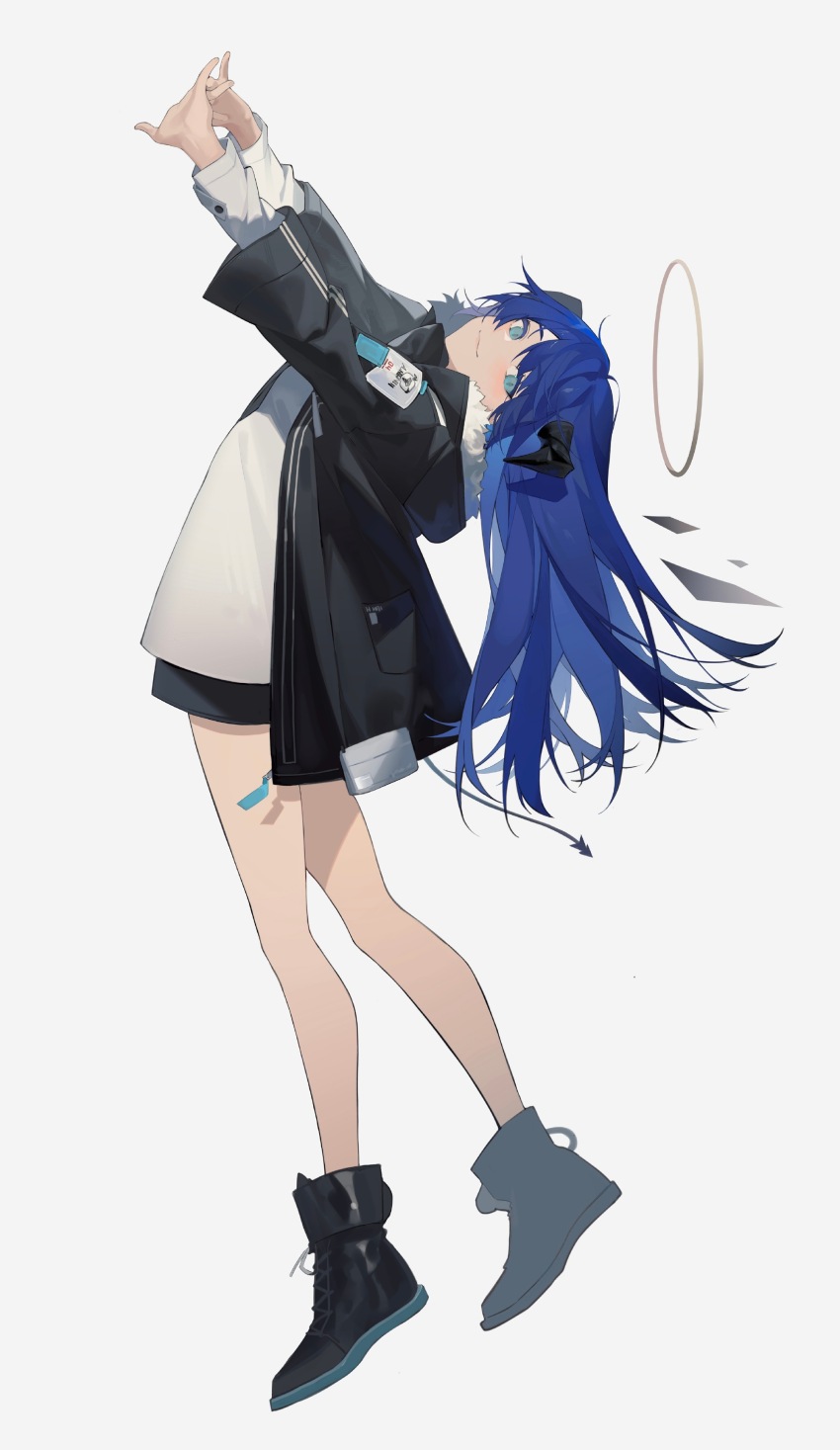 1girl, absurdres, arknights, arms_up, azure_silan, black_boots, black_jacket, blue_eyes