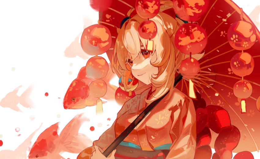 1girl, absurdres, alternate_costume, blonde_hair, closed_mouth, commentary_request, fish, genshin_impact, goldfish, highres, holding, holding_umbrella, japanese_clothes, kimono, long_sleeves, medium_hair, meiyou_lizhi, oil-paper_umbrella, orange_kimono, red_eyes, smile, solo, umbrella, upper_body, white_background, yoimiya_(genshin_impact)