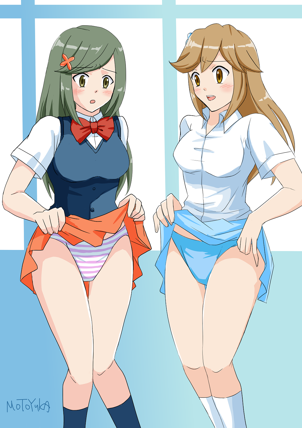 2girls, blue_panties, blue_skirt, bow, breasts, highres, lass_(pokemon), lass_(pokemon_dppt)