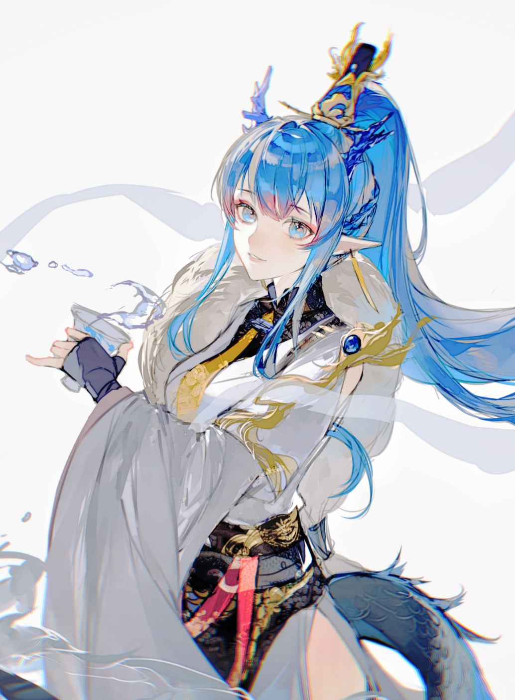 1girl, arknights, blue_eyes, blue_hair, chunbuchou, cup, earrings, fingerless_gloves, fur_trim, gloves, highres, holding, holding_cup, horns, jewelry, ling_(arknights), long_hair, long_sleeves, looking_at_viewer, necktie, pelvic_curtain, pointy_ears, sidelocks, solo, tail, tassel, tassel_earrings, very_long_hair, wide_sleeves, yellow_necktie