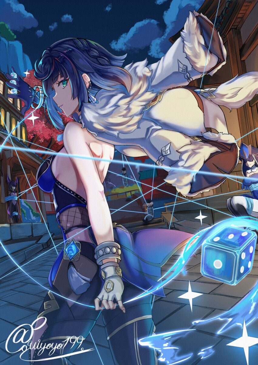 2boys, 3girls, absurdres, asymmetrical_gloves, backless_dress, backless_outfit, black_bodysuit, black_headwear