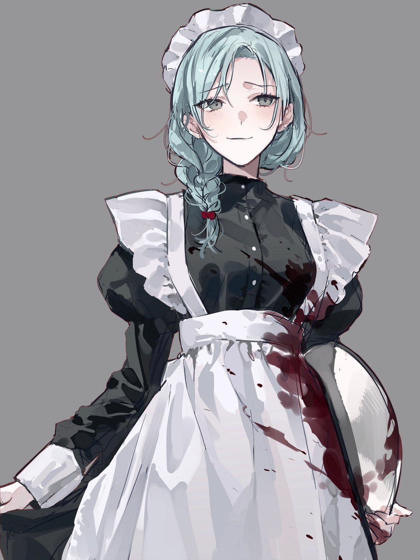 1girl, absurdres, alternate_costume, alternate_hairstyle, apron, aqua_hair, black_dress, blood, blood_on_clothes, blush, braid, breasts, closed_mouth, commentary_request, dress, enmaided, enomoto_noa, grey_background, grey_eyes, hair_bobbles, hair_ornament, heeal, highres, juliet_sleeves, korean_commentary, long_sleeves, maid, maid_apron, maid_headdress, medium_breasts, puffy_sleeves, saibou_shinkyoku, side_braid, simple_background, smile, solo, white_apron