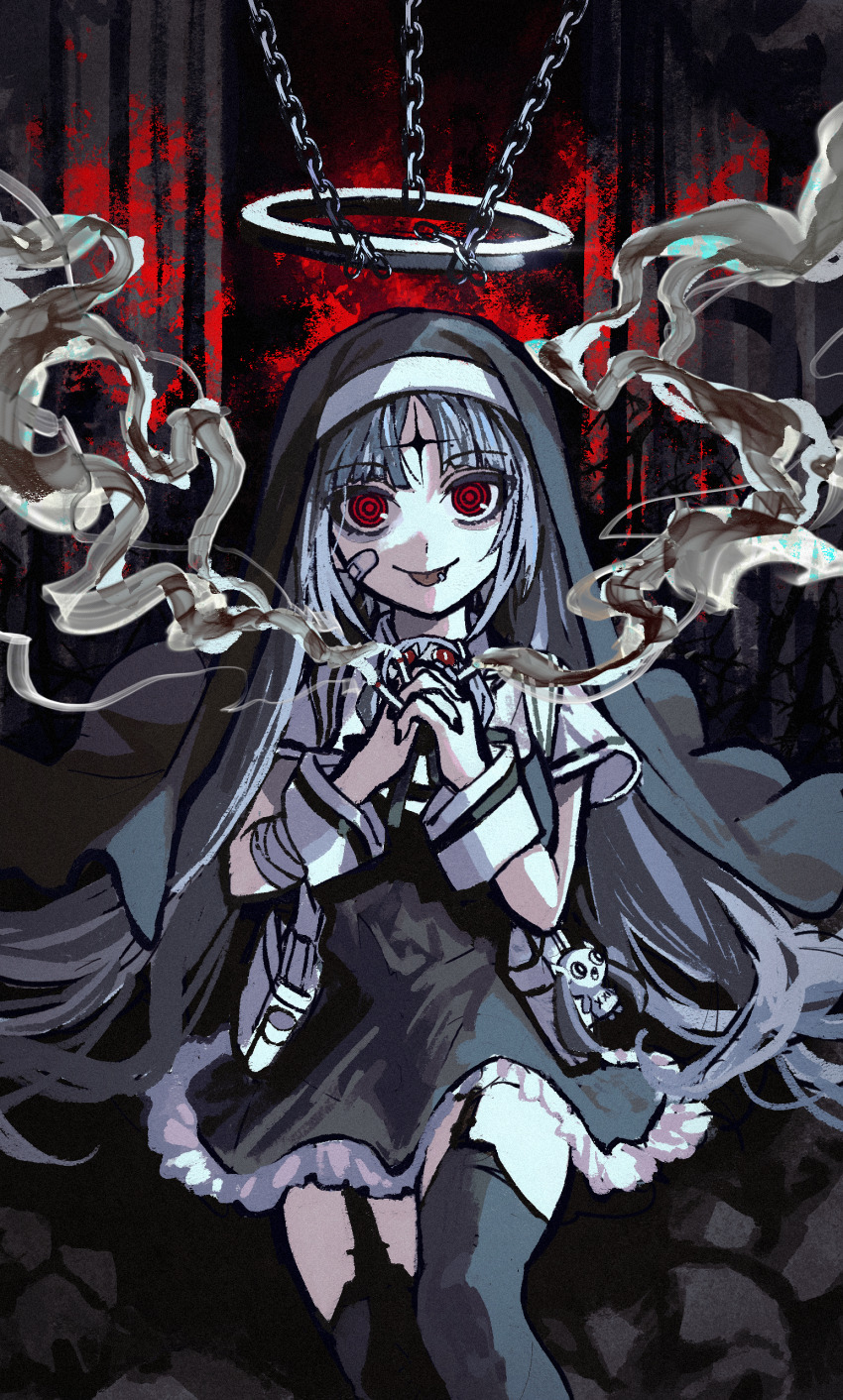 1girl, 2others, absurdres, aimaina, bandaged_arm, bandages, bandaid, bandaid_on_face, black_nails, blunt_bangs, character_doll, cigarette, curtains, doll, doushite-chan, dress, feet_out_of_frame, frilled_dress, frills, german_commentary, habit, hair_spread_out, hatsune_miku, highres, holding, holding_cigarette, kamippoina_(vocaloid), kika, long_hair, looking_at_viewer, multiple_others, nun_headdress, paint_splatter, parted_bangs, piercing, praying, red_eyes, ringed_eyes, shoulder_strap, sitting, sleeveless, sleeveless_dress, smile, smoke, smoke_trail, tongue, tongue_out, tongue_piercing, vocaloid, wrist_cuffs