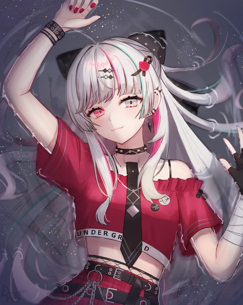 1girl, arm_up, bare_shoulders, belt, black_belt, black_choker, black_gloves, bra_strap