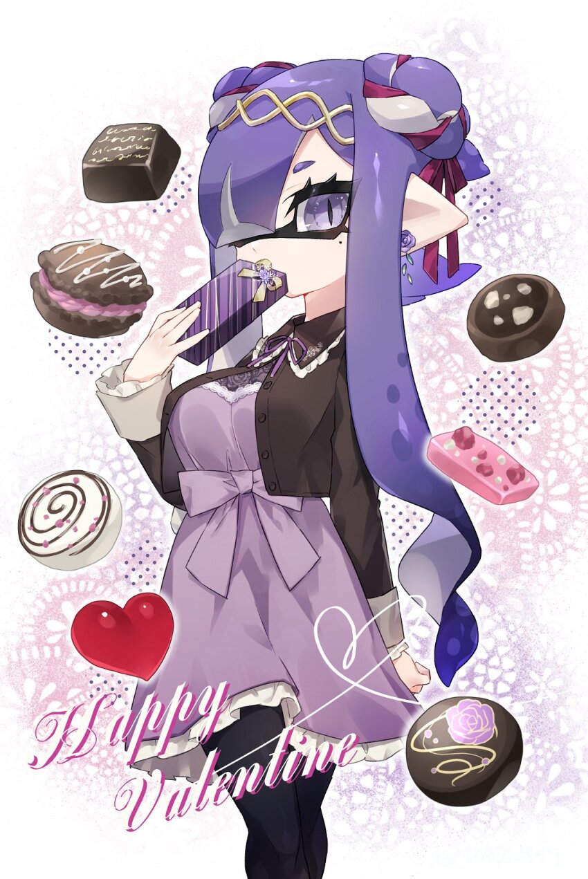 1girl, asymmetrical_bangs, bazumi, black_pantyhose, black_shirt, blouse, chocolate, collared_shirt