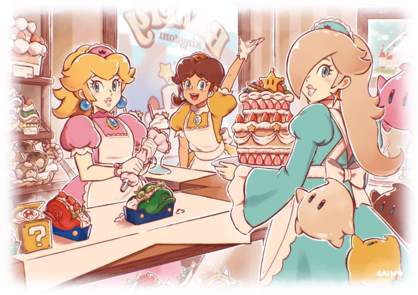 3girls, ?_block, apron, baby_luma, blonde_hair, blue_dress, blue_eyes, blush