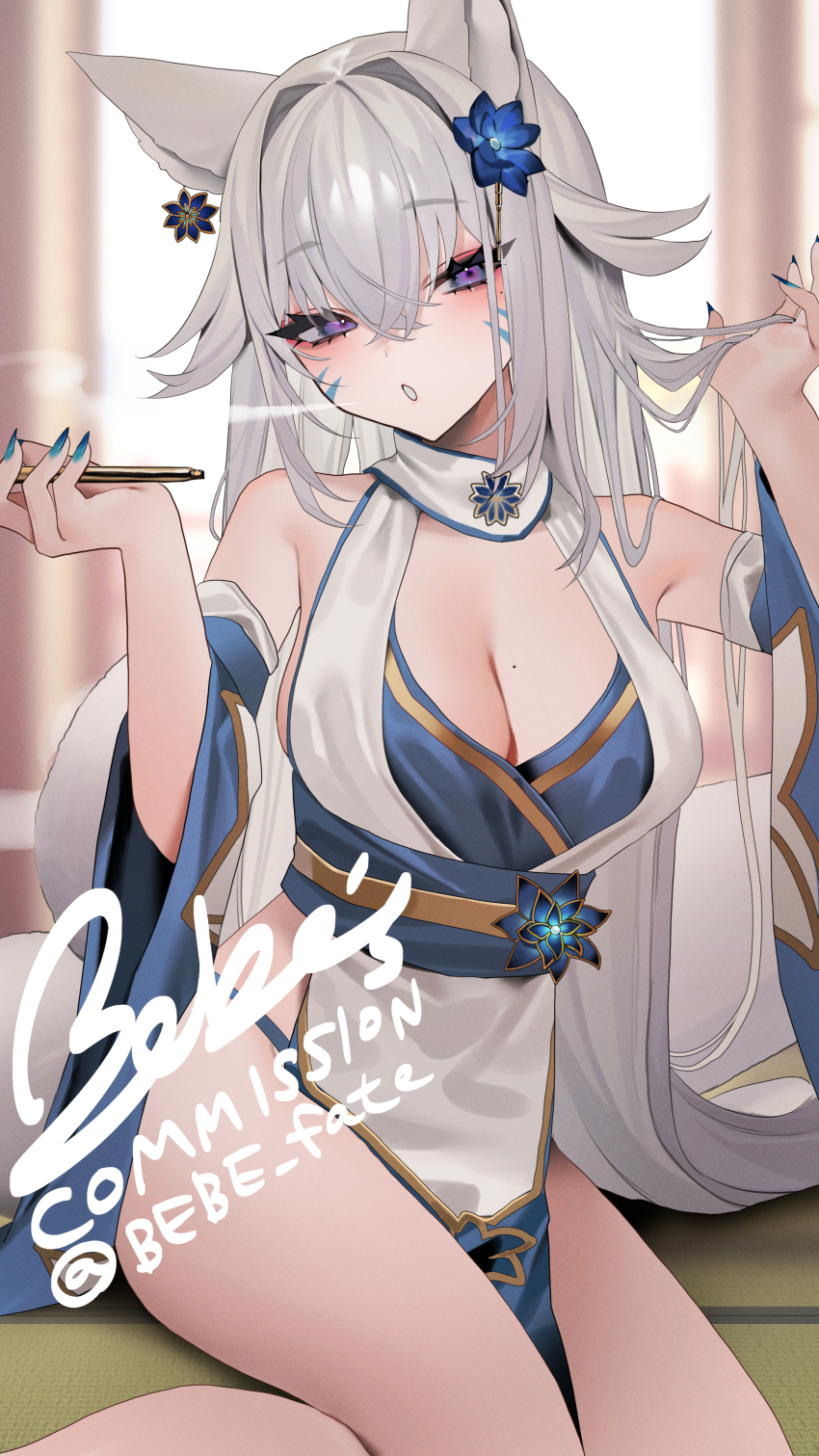 1girl, absurdres, animal_ears, bebe_(bebe_pp), blue_nails, breasts, cleavage, commission