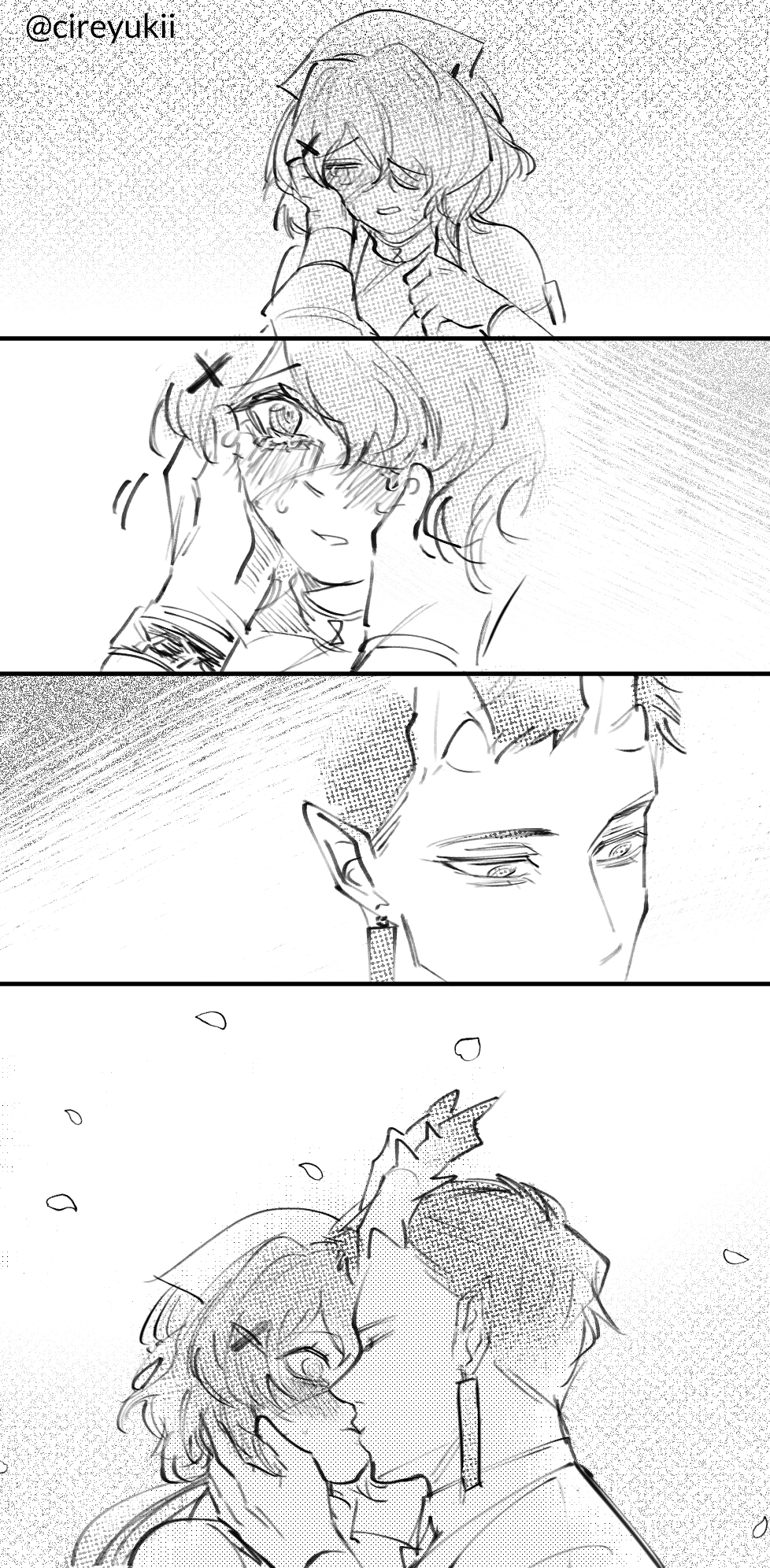 1boy, 1girl, 4koma, arknights, blush, collared_shirt, comic, commentary_request