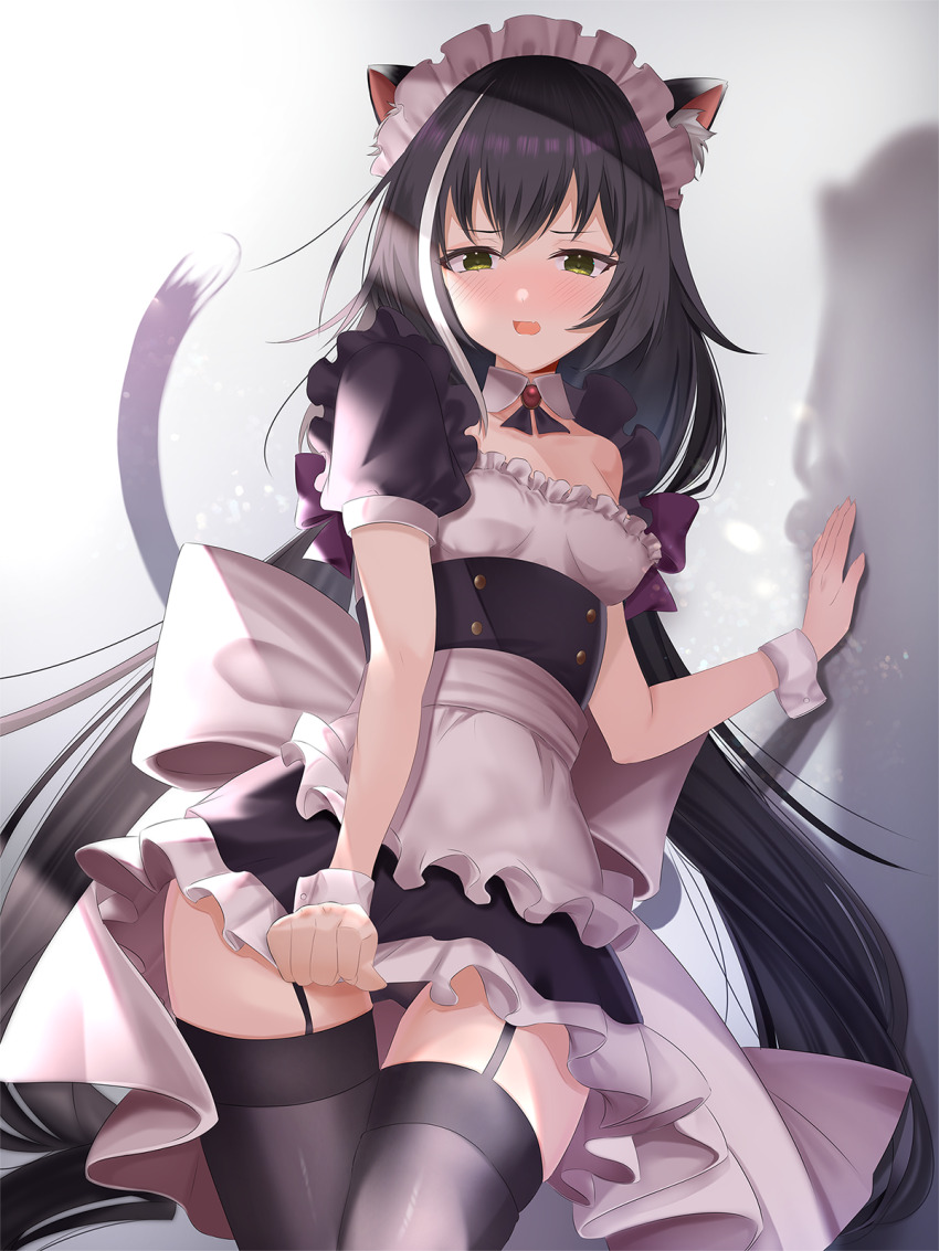 1girl, alternate_costume, animal_ears, apron, back_bow, black_dress, black_hair, black_panties, black_ribbon, black_thighhighs, blush, bow, breasts, brooch, cat_ears, cat_girl, cat_tail, collar, commentary, conconcon1031, cowboy_shot, detached_collar, dress, dress_tug, enmaided, frilled_dress, frills, garter_straps, green_eyes, half-closed_eyes, highres, jewelry, karyl_(princess_connect!), large_bow, long_hair, looking_at_viewer, maid, maid_headdress, medium_hair, multicolored_hair, neck_ribbon, panties, pantyshot, princess_connect!, puffy_short_sleeves, puffy_sleeves, ribbon, short_sleeves, small_breasts, solo, standing, streaked_hair, tail, thighhighs, underwear, very_long_hair, waist_apron, white_apron, white_bow, white_collar, white_hair, wrist_cuffs