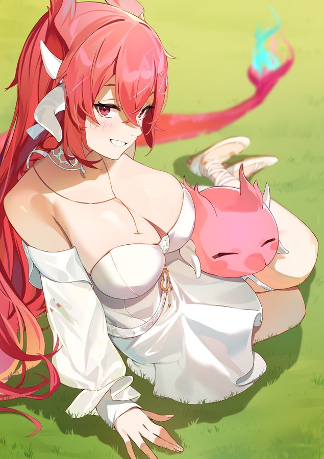 blue_fire, blush, braid, breasts, cleavage, closed_eyes, cloud9, dragon