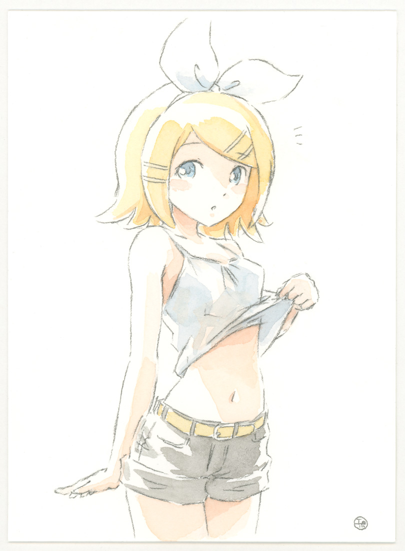 1girl, bare_arms, bare_shoulders, belt, blonde_hair, blue_eyes, blush, bow, breasts, clothes_lift, collarbone, cowboy_shot, epoxy_putty, grey_shorts, hair_bow, hair_ornament, hairclip, kagamine_rin, lifting_own_clothes, looking_at_viewer, midriff, narrow_waist, navel, painting_(medium), shirt, shirt_lift, short_hair, shorts, sideways_glance, small_breasts, solo, swept_bangs, tank_top, traditional_media, vocaloid, watercolor_(medium), white_bow, white_shirt